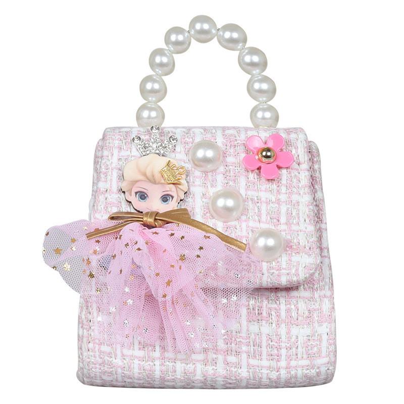 Trendy Korean Style Mini Handbag For Kids With Chic Pearl Chain And Soft Pu Leather Design In Black Pink And White Colors Flower Pink