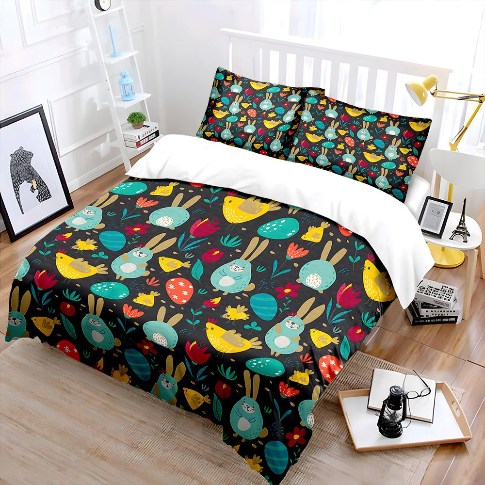 Colorful animals and Easter eggs Pattern Duvet Cover Set Digital Print Colorful Polyester Bedding with Zipper Closur kids gifts