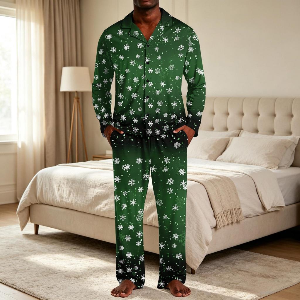 Men's Christmas Pajama Set with Button Down Shirt and Straight Leg Pants, Casual Print Sleepwear Two Piece Outfit, Festive Holiday Loungewear