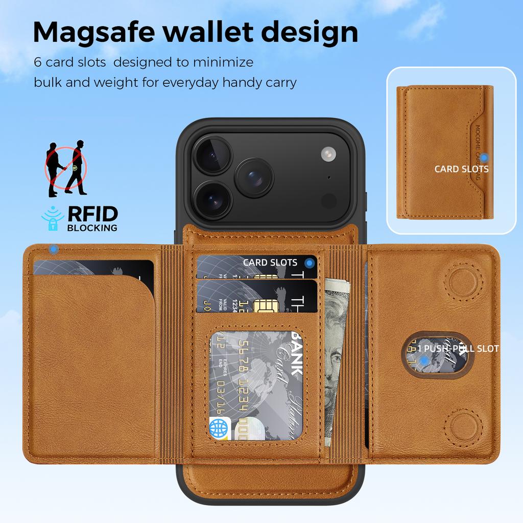 For iPhone 17 Pro Case Compatible with MagSafe Leather Back Phone Cover with Detachable Card Bag