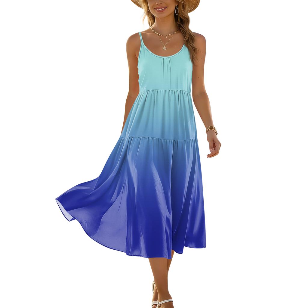 Sleeveless Gradient Print Maxi Dress for Women with Adjustable Spaghetti Straps and Flowing A-Line