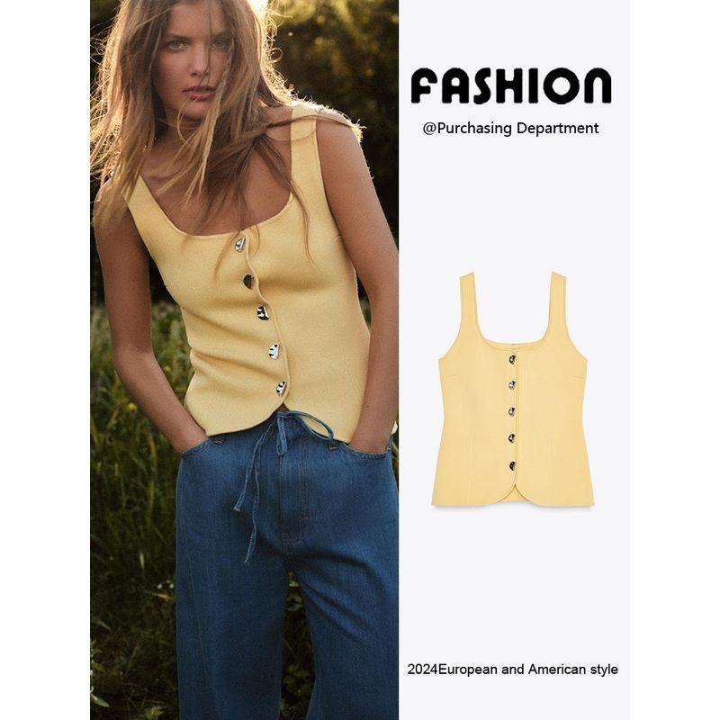 Za2025 Spring New Women Clothes Breasted Plain Stitch Corset Round Neck Shoulder Strap Top 5536038 300