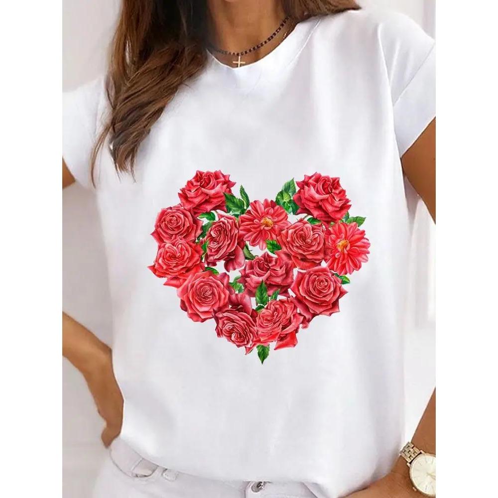 Summer Round Neck Love Flower Butterfly and Bee Pattern 3D Print Top Fashionable Casual Short Sleeved Women's T-shirts