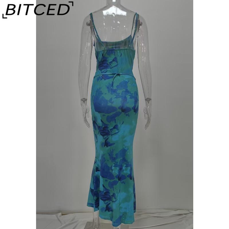 BITCED Spring Women's Fashion: Sensual Printed Strappy Waist-cinching Bodycon Maxi Halter Neck Dress