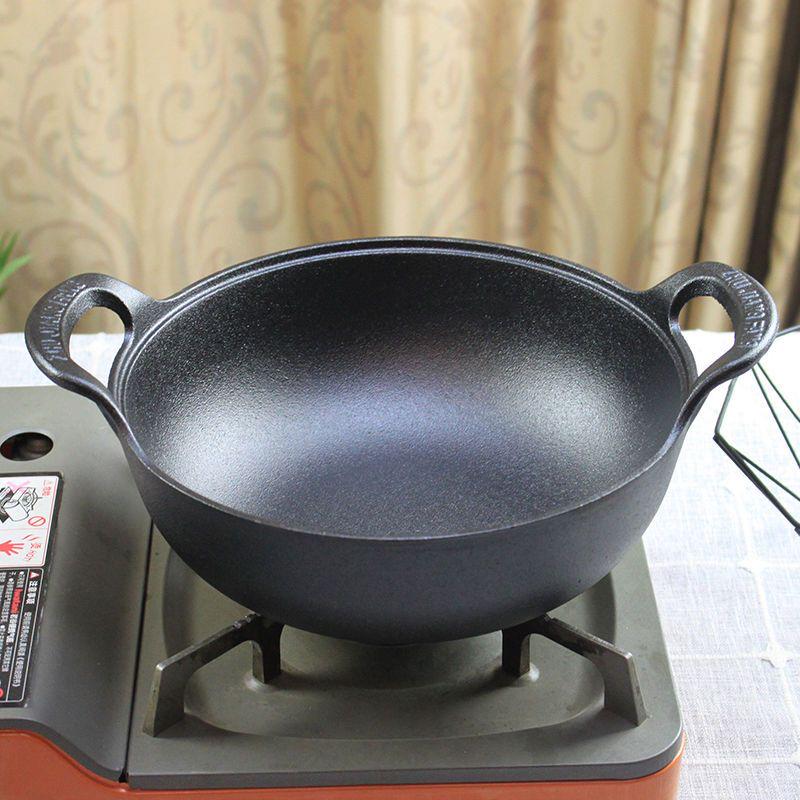 Double-Handled Cast Iron Pot for Stew and Soup, Coating-Free, Induction and Gas Compatible, Thickened Flat-Bottom Frying Pan.