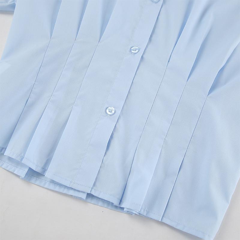 Plissert Slim Fit Topp Dame Bomullsskjorte Pendler Polokrage Langermet Ensfarvet Bluser Enkeltspent Kort Topp Elegant Kontordame Sommer