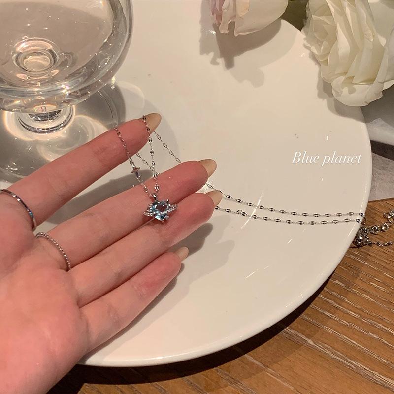 Blue Love Zircon Necklace Women'S Light Luxury Niche High-End Design Sense Collarbone Chain Personalized Neck Chain Pendant Women