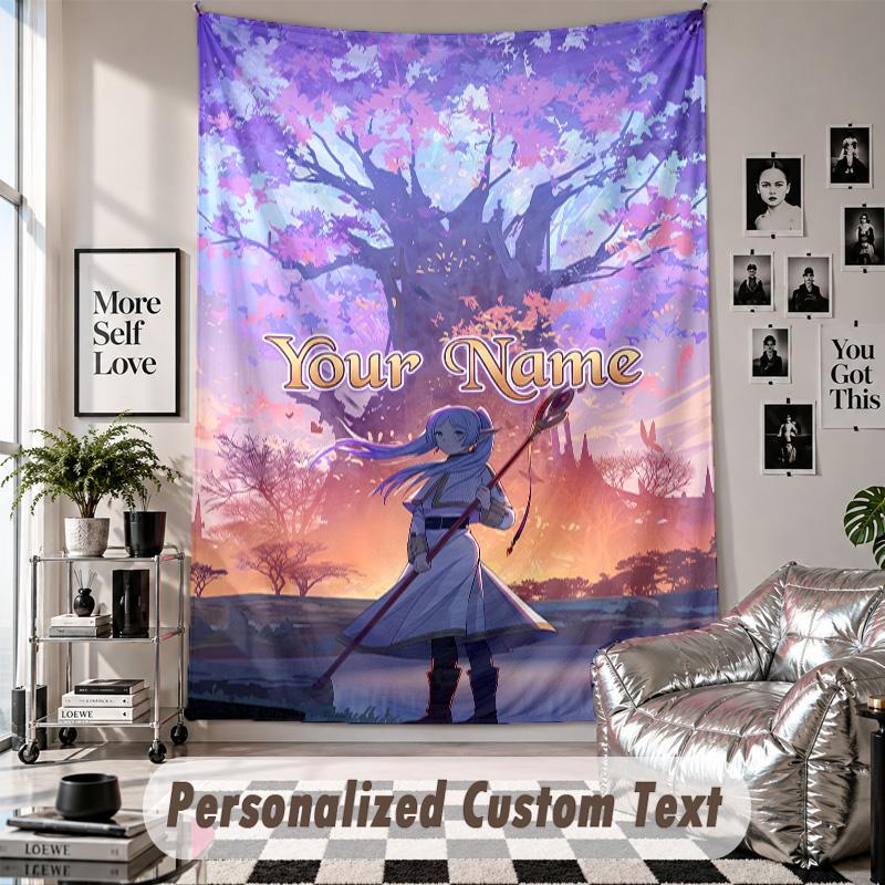 Custom Tapestry Wall Hanging, Frieren Beyond Journey's End Personalized Name Text Home Wall Decor