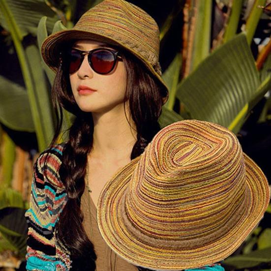 Frauen Sommer Böhmen Stil Stroh Hüte Faltbare Gestreiften Geflochtenen Seil Strand Sonnenhut