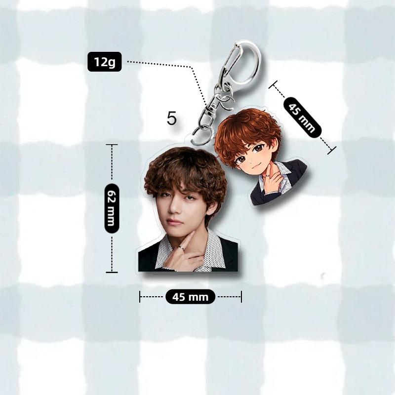 BTS Takım Elbiseli Fotoğraf & Anime Karikatür Çift Akrilik Anahtarlık, Bangtan Boys Gerçek Fotoğraf + Karikatür Figürlü Anahtarlık, ARMY için K-pop İdolü Çanta Süsü