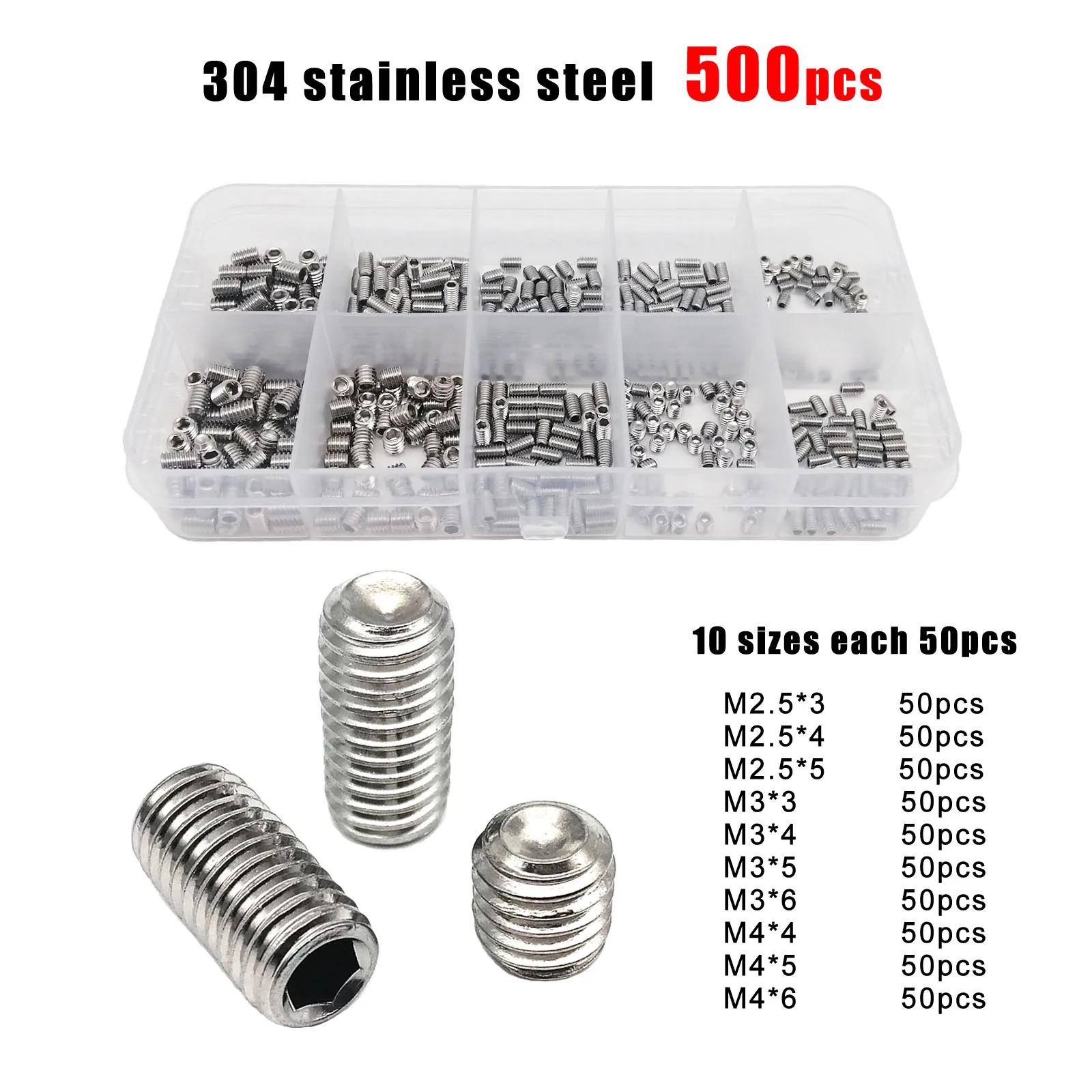 

500/1500pcs M2-M8 DIN916 304 Stainless Steel Black Hex Hexagon Socket Machinery Electronics Repair Point Bolt Set Screw Kit Box
