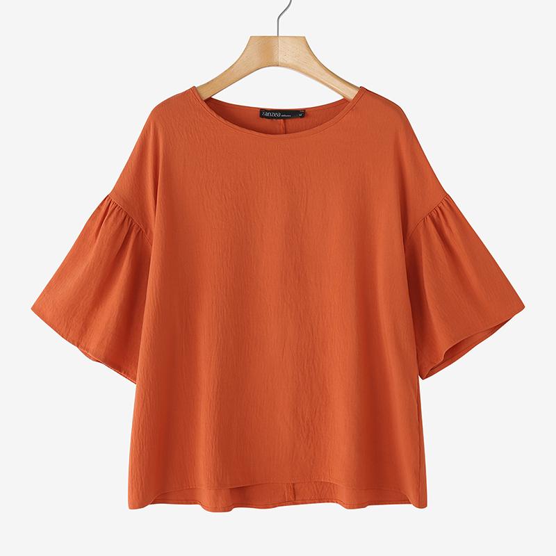ZANZEA Women Casual Round Neck Solid Color Half Sleeve Blouse