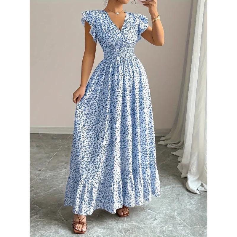 Summer Floral Printed Long Dress with Ruffled Short Sleeved V-neck Fashion Big Swing A-line Holiday Party Dress Elastic Waist Loose Casual Clothing