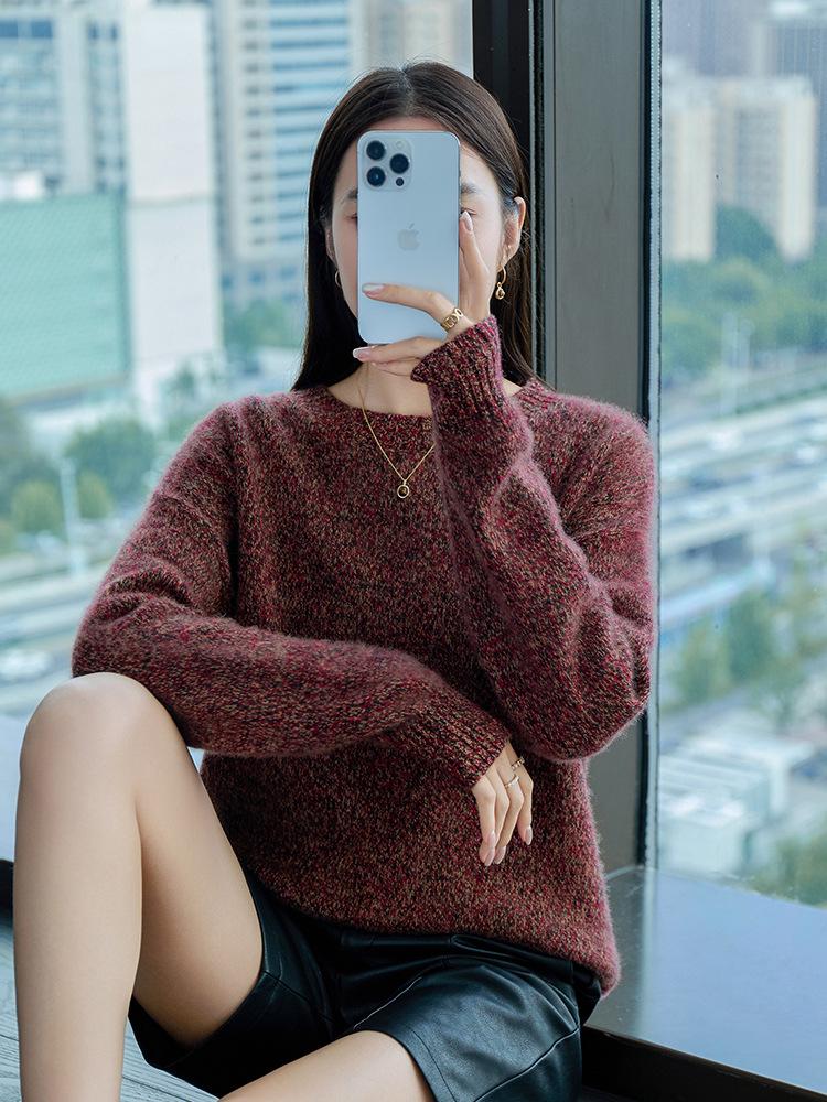 357 Fancy Yarn Women's Round Neck 100% Pure Wool Knit Pullover - Loose and Thick Style