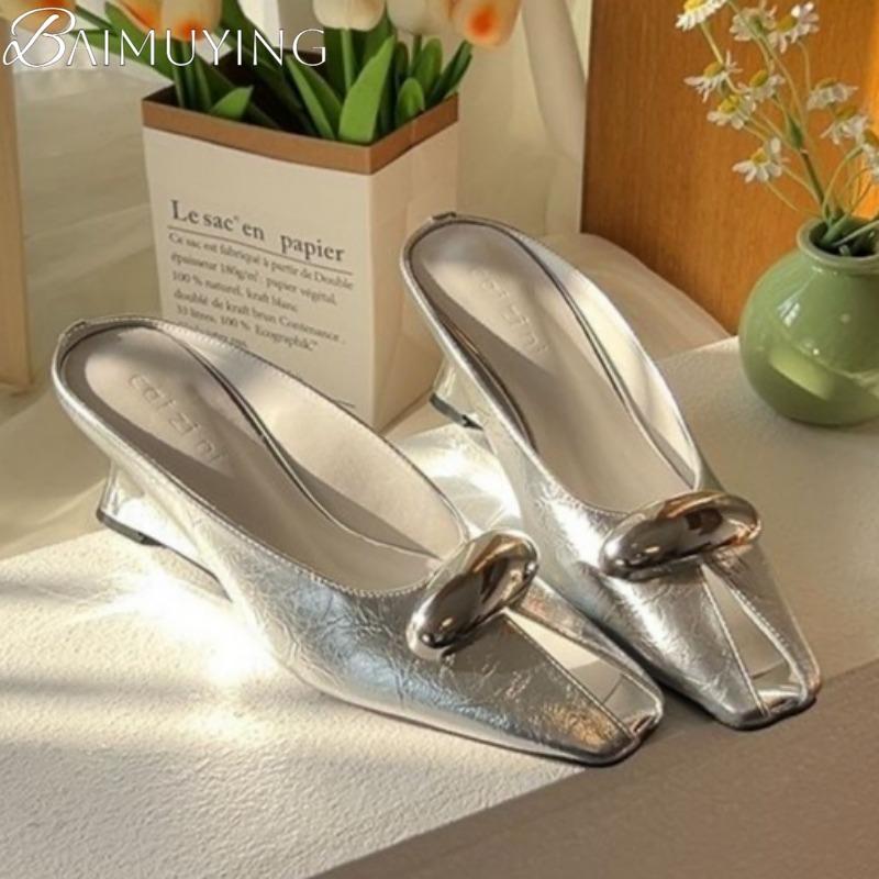 Fashion Square Toe Women Slippers Mules Sandals High Heels Shoes Woman Loafers 2025 Trend Designer Summer Shallow Soft Leather Slides