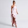 Satin Ruffled One-shoulder High Slit Dress Halter Long Skirt