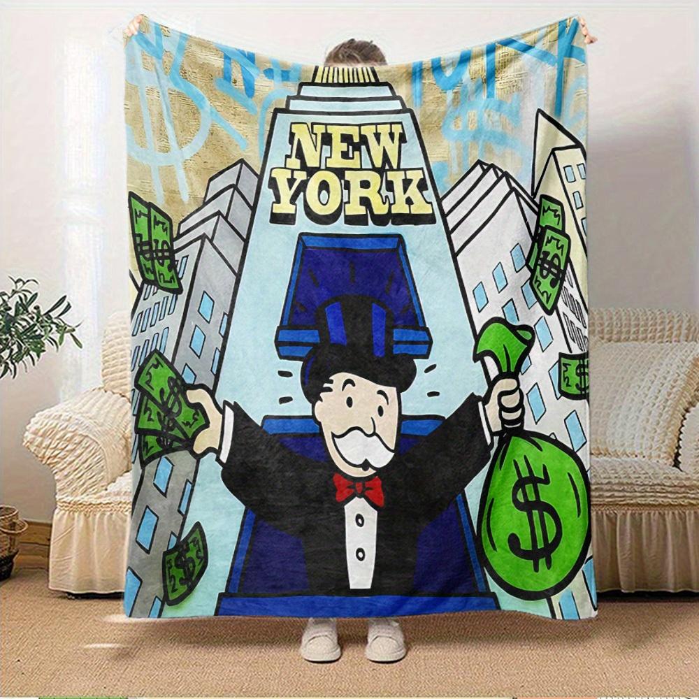 1pc Mr. Monopoly,New York,Money Digital Print Flannel Blanket - Contemporary Style, Suitable for All Seasons, Perfect for Home, Travel, or C