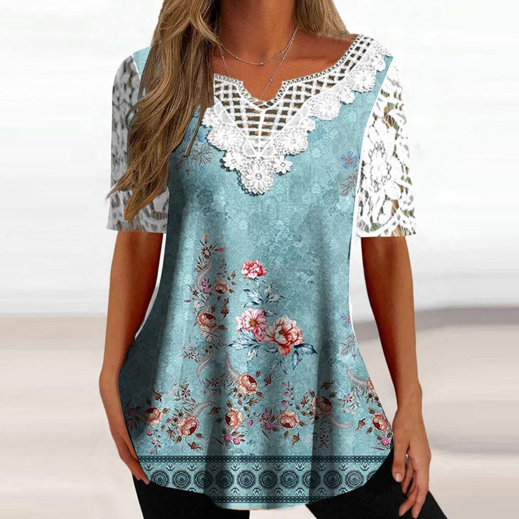 Women's Fashion Casual Lace Sleeve V-Neck Lace Trim Printed Short Sleeve Tops