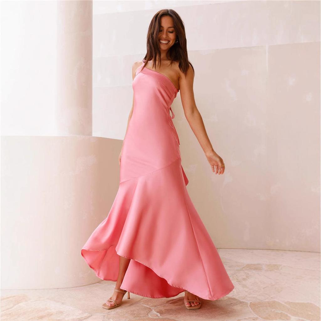 Spring and summer new sexy slanted shoulder slim strap halter fishtail temperament dress women