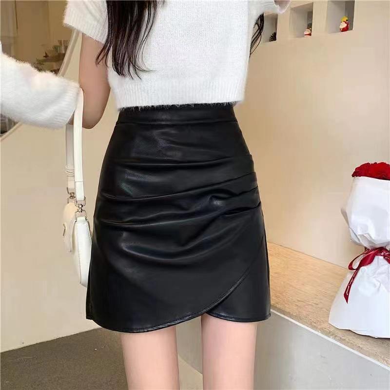 Women's High-Waisted Pleated Faux Leather A-Line Skirt - Slimming, Irregular Midi for Autumn/Winter.