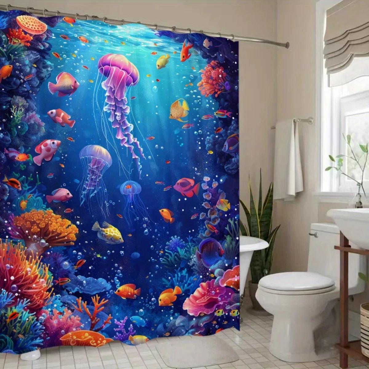 

One Pc Colorful_Underwater_Marine_Life_Illustration_1 Spring Bathroom Curtains, Digital Printed Polyester Shower Curtains, Non P W60H190(CM)-1 Pcs