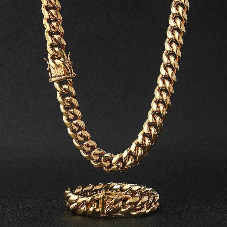 12MM 18k Gold Plated Lobster Buckle Stainless Steel Necklace Hip Hop Jewelry Men Miami Cuban Link Chain