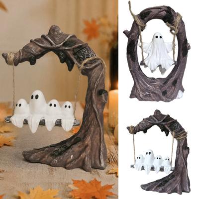 Whimsical Ghost Home Furnishings On Tree Swing Halloween Decor, Resin Spooky Figurine with Vintage Indoor And Outdoor Decor Base, Festive Party