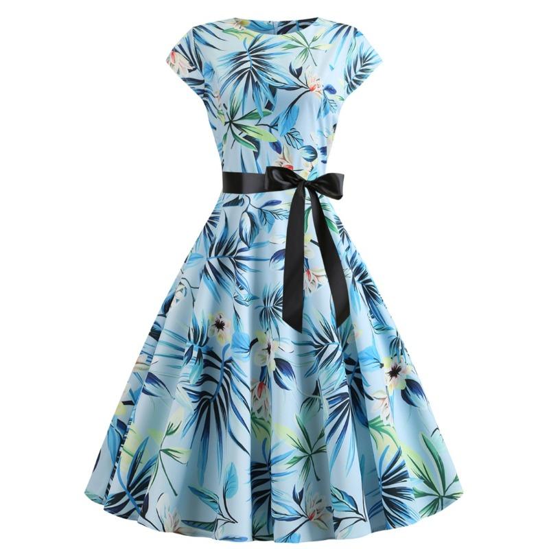 

New Summer Retro Women s Crew Neck Bag Sleeve Printed Lace-Up Dress XXL светло-синий