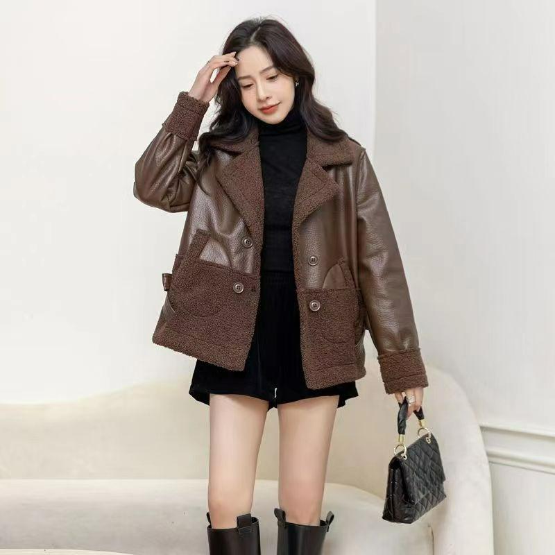 Leather Women's Plus Velvet Thickened Autumn and Winter Wear Loose Winter Western Style Short Ladies Leather Jacket on Both Sides