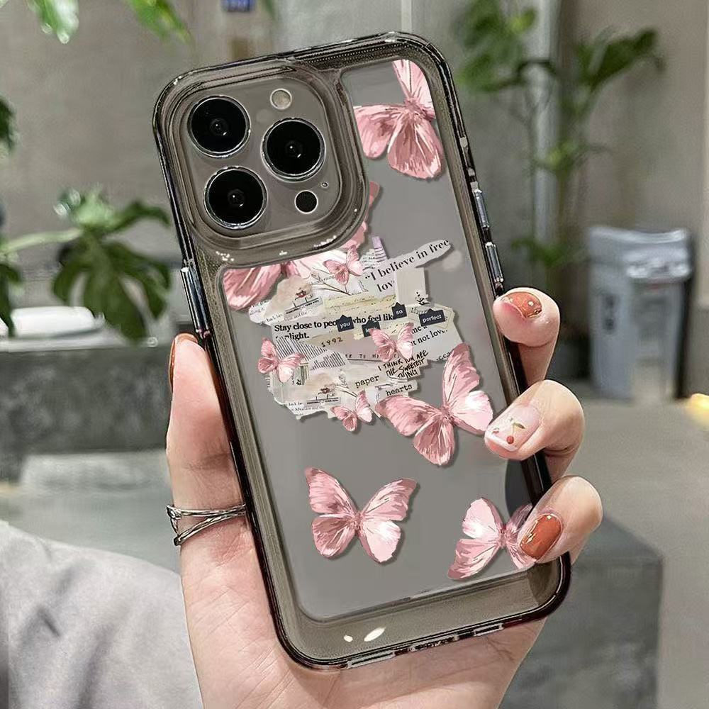 Super fairy pink butterfly suitable for iphone16promax mobile phone case transparent apple 15 anti-drop 14pro13/12