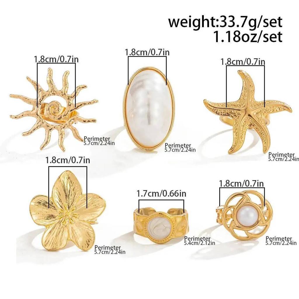 SHIXIN 6Pcs/Set Trendy Sun Flower Starfish Open Rings Women Vintage Imitation Pearl Ring Summer Beach Party Wedding Jewelry Gift