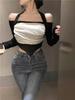 Autumn Chic Halterneck Mesh Patchwork One-Shoulder Top 