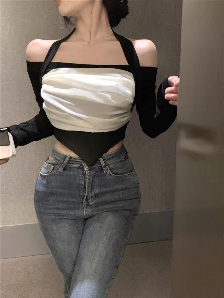 Autumn Chic Halterneck Mesh Patchwork One-Shoulder Top 