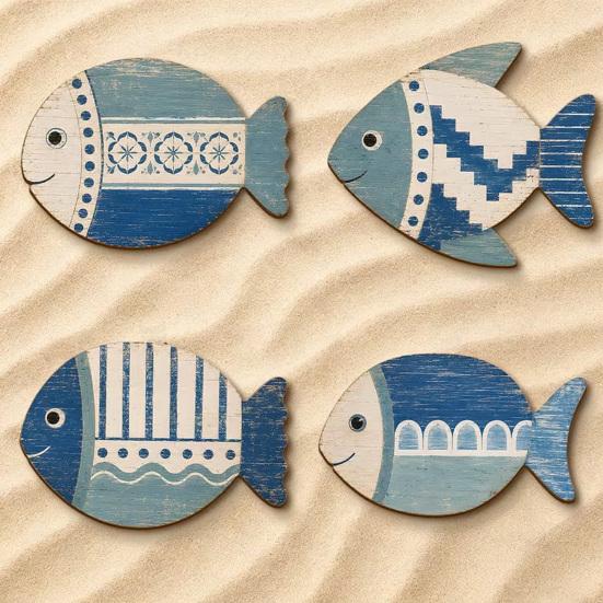 Nautical Home Ornaments 4PCS Wooden Fish Wall Decoration, Rustic Mediterranean Style Hanging Plaques, Blue White And Ocean Theme Decorations Geometric