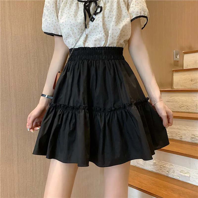 White Skirt Woman Elastic Waist Agaric Edge Solid Color A-line Skirt Sweet Lovely Preppy Style Spring and Summer