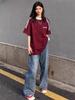 Plus Size Burgundy American Retro Short Sleeve Women's T-shirt with Chic Hong Kong Style Stripes