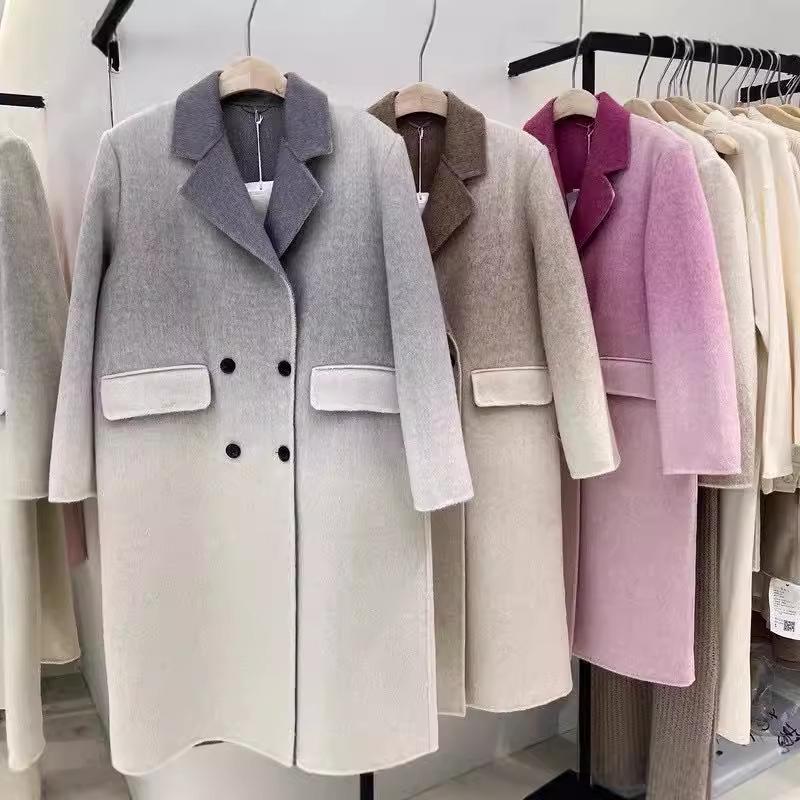 Palton de damă de lungime medie din cașmir dublu-fațetat, 100% lână, cu gradient, Toamnă/Iarnă 2024