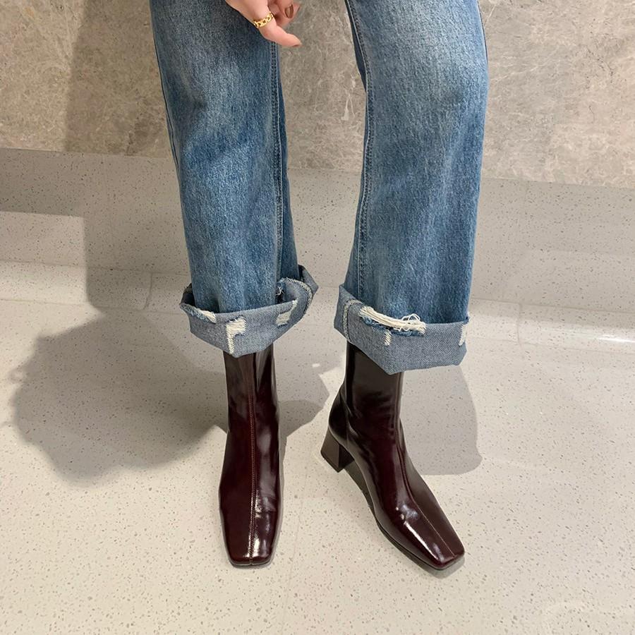 Spot Second Hair~ Grape Mother Same Style #French Elegant Square Head Thick High Heel Retro Fashion Thin Short Boots Women's Autumn and Winter