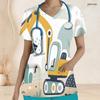 Women Plus Size V Neck Short Sleeve Cartoon Excavator Printed Scrub Top With Front Pockets
