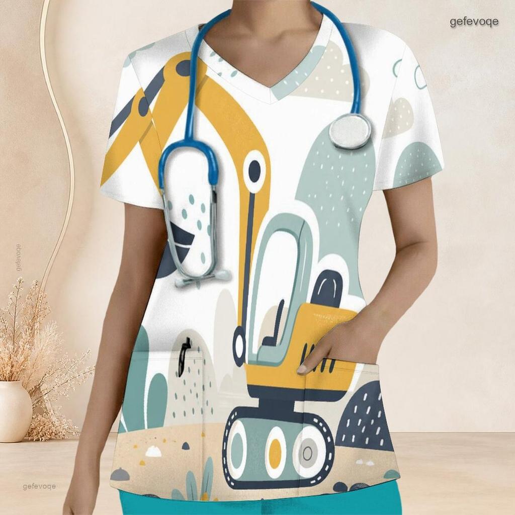 Women Plus Size V Neck Short Sleeve Cartoon Excavator Printed Scrub Top With Front Pockets