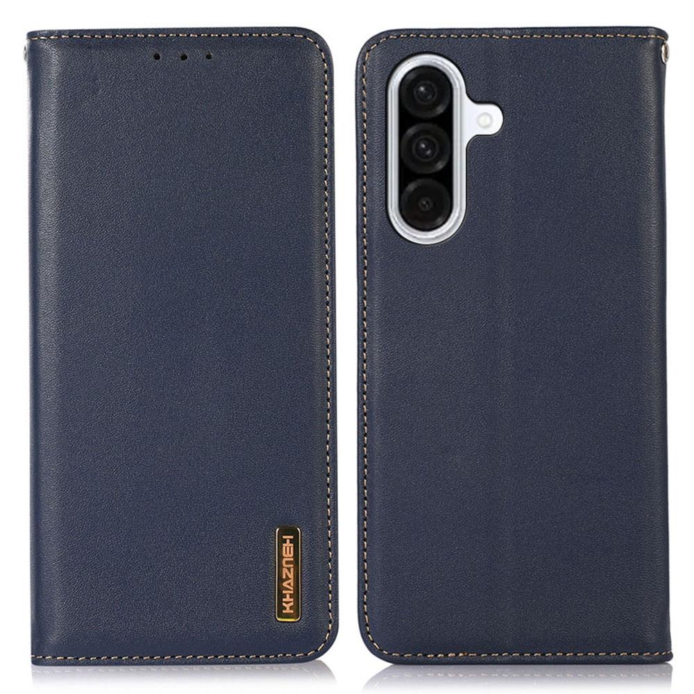 

KHAZNEH For Samsung Galaxy S25 FE Case Wallet Genuine Cow Leather Phone Cover Nappa Texture Blue