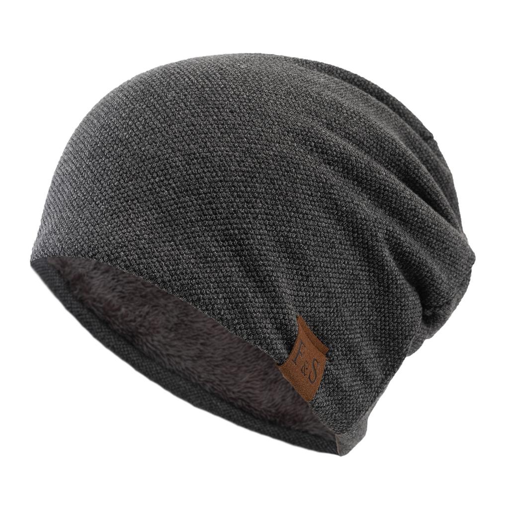 Autumn/Winter Beanie Hat Casual Fleece-Lined Thermal Solid-Colour Loose-Fit Knitted Hat for Men and Women