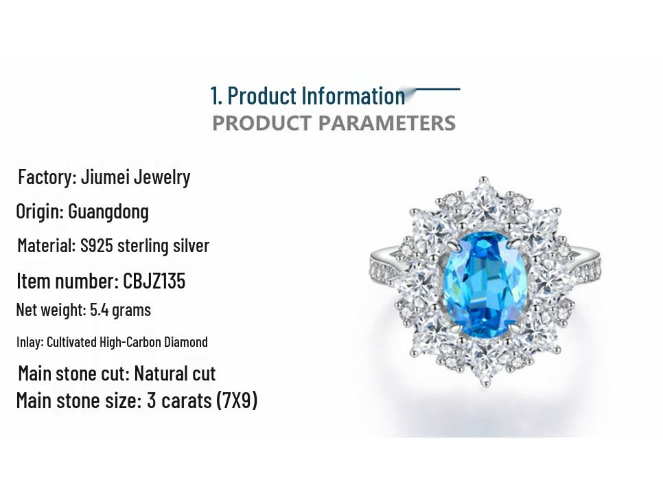 S925 Sterling Silver Women's Aquamarine & Zircon Ring with High Carbon Diamonds In Luxury Setting, European & American Cross-Border Style.