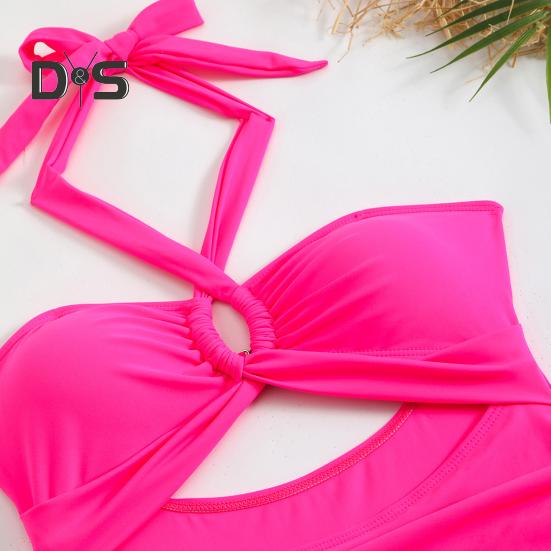 Women Monokini Padded Underwire Solid Color Halter One-Piece Bikini with Hollow Design Beach Vacation Swimwear