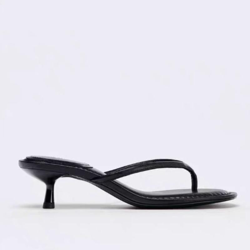 

2025 Летние Тонкие Низкие Каблуки Шлепанцы с Зажимом для Пальца Модные С Круглым Носком Замшевые Женские Шлепанцы Повседневные Пляжные Шлепанцы Сандалии 34 чёрный