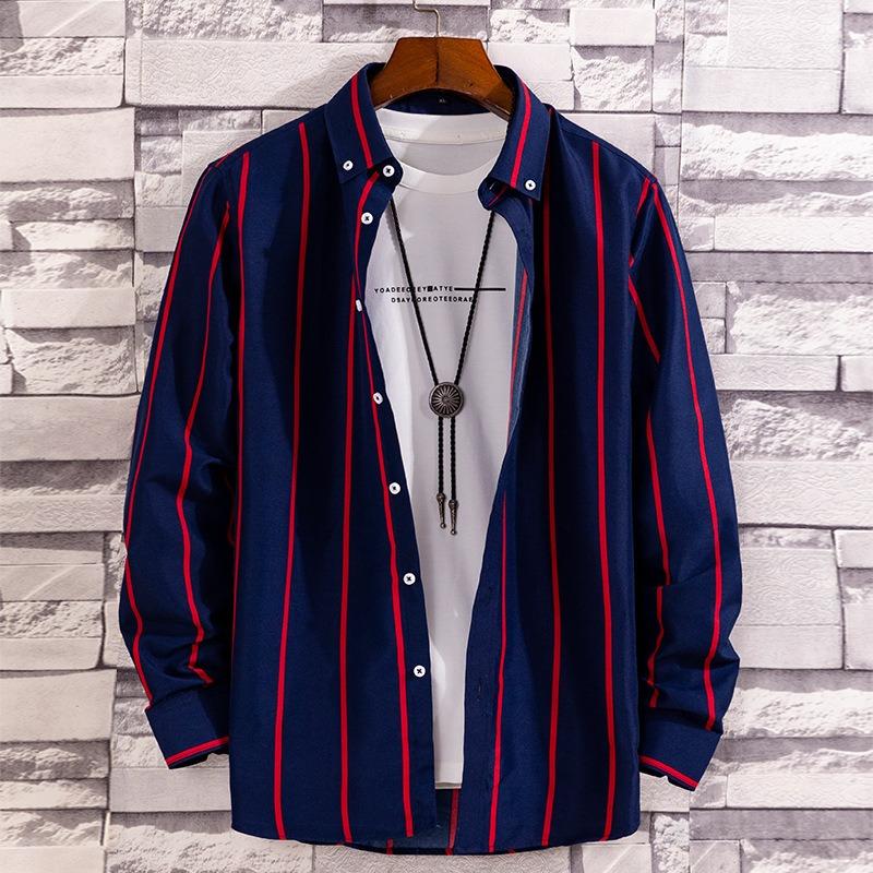 Fashion Striped Printed Long Sleeved Shirt Thin Design Summer Youth Slim Fit Shirt Sun Protection Clothes Trendy Men