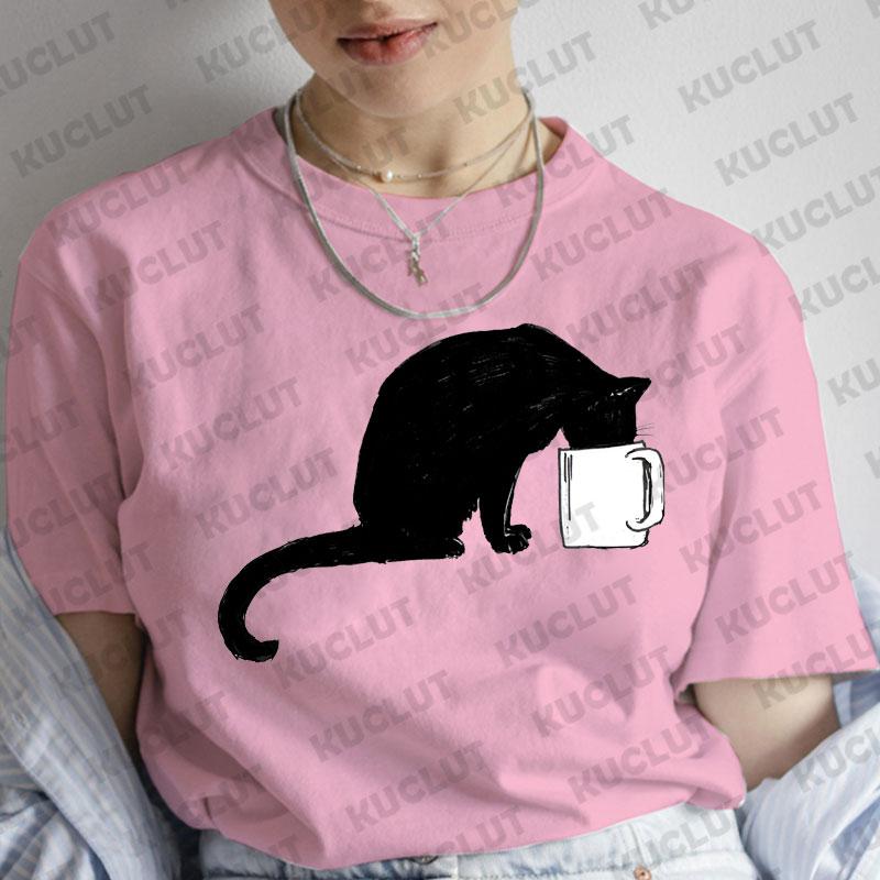 T-Shirt für Damen Schwarze Katzen Print Mode T-Shirt Lässig Rundhals Kurzarm Streetwear Damen T-Shirt Vintage Tee Oberteile