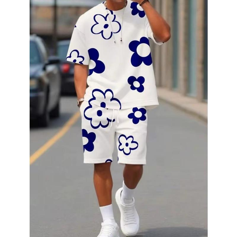 Men's Flower 3D Print Crew Neck Short Sleeve T-Shirt & Shorts Set Round Neck Gradient Short Sleeved Women's T-shirt Shorts Set
