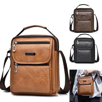 Mens Vintage Fashion Sling Bag Large Capacity Solid Pu Leather Message Bag One Shoulder Bag with Handle