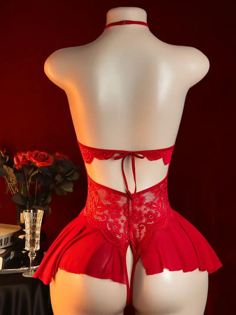 Red Transparent Sex Lingerie Women Super  Erotic Underwear Crotchless Deep V-neck Lace Teddies Bodysuit Sexy Outfits For Xx18